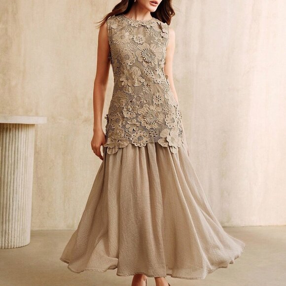 Khaki Elegant Women's Holiday Hollow Flower Patchwork Chiffon Dress - Picture 7 of 7